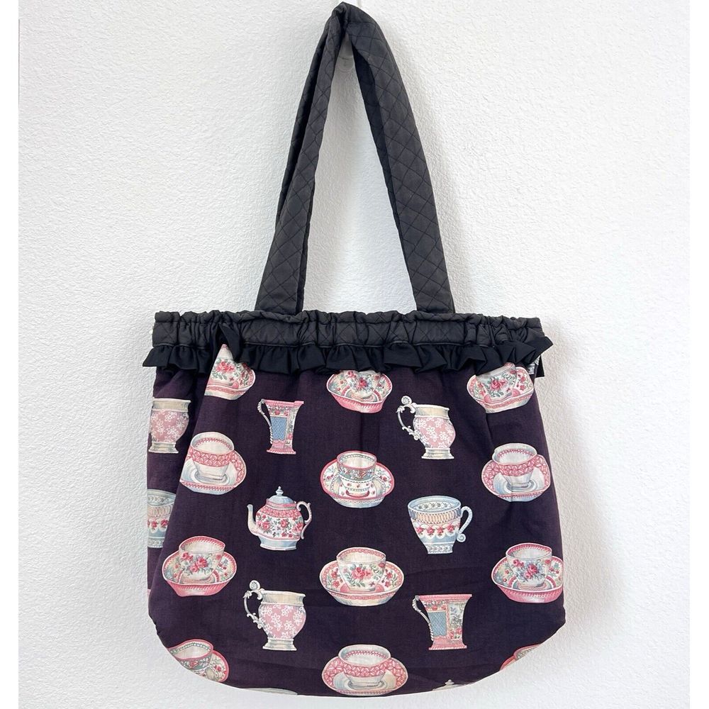 Vintage Ladies Large Black Tote Teacups print Lined Hinged Metal Closure Ruffle